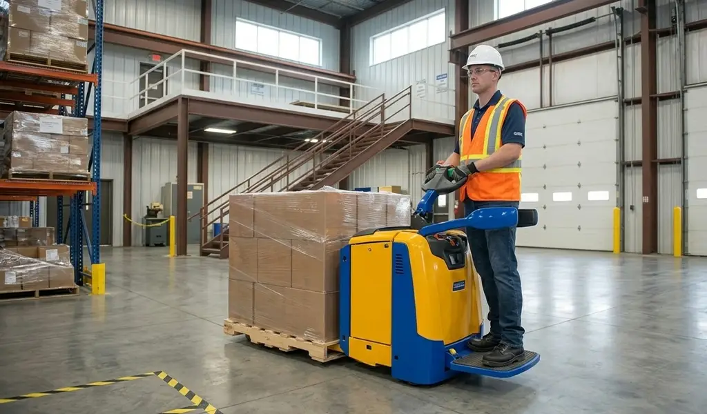 Warehouse worker operating a motorized pallet truck safely
